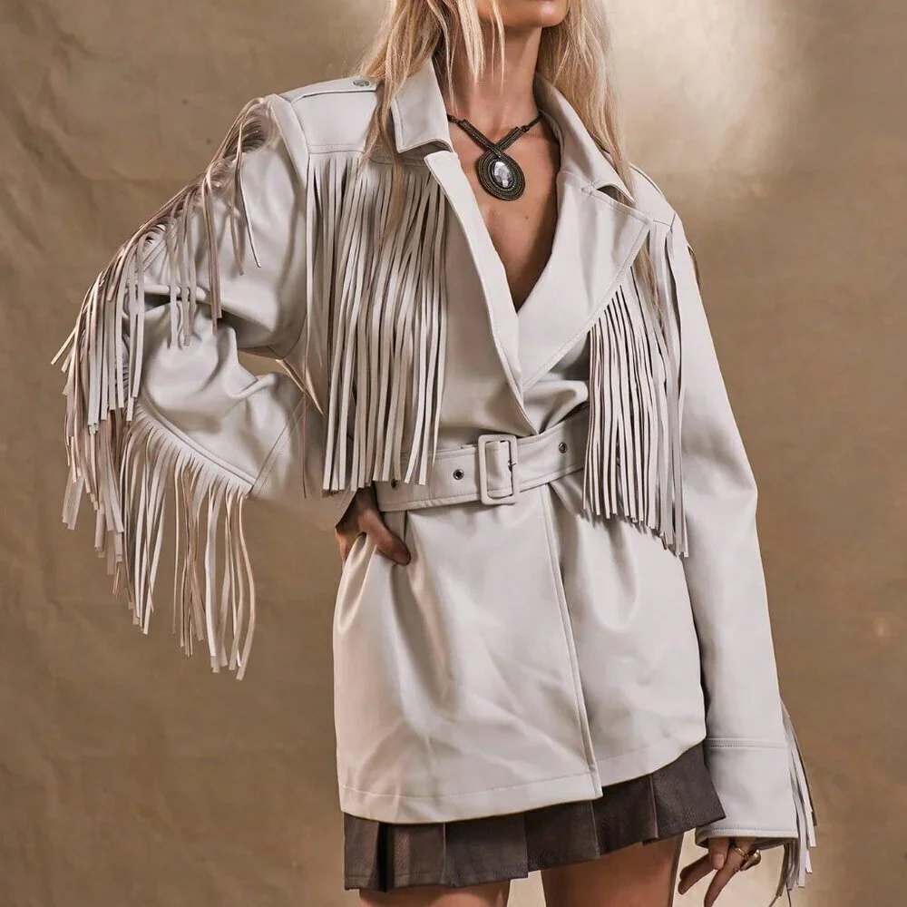 Beige Boho Women's Western Fringe Woven Fabric Jacket Coat - Picture 1 of 5